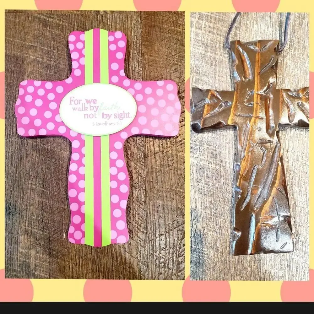 Decorative faith pink green polka dots crosses brown religious crafts Wreath